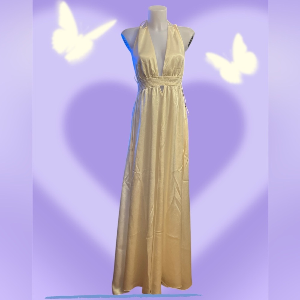 Free People Look Into The Sun Satin Cutouts Halter Gown Maxi Dress NWOT RARE - Picture 4 of 12